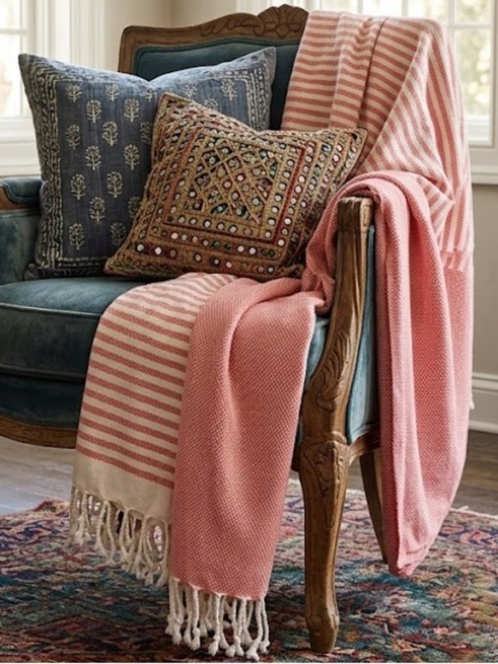 Striped Coral & White Turkish Throw Blanket Towel with Fringe